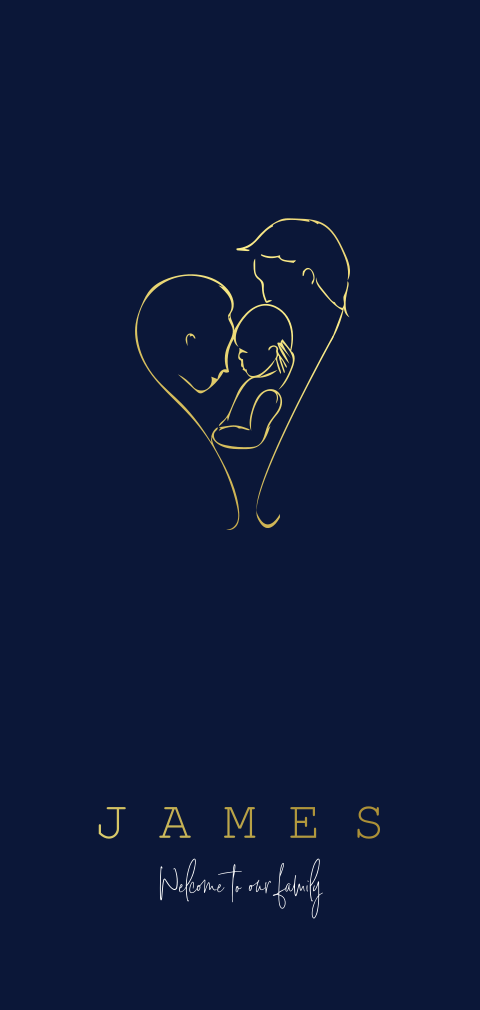 Geboortekaartje met lijntekening van ouders met baby blauw