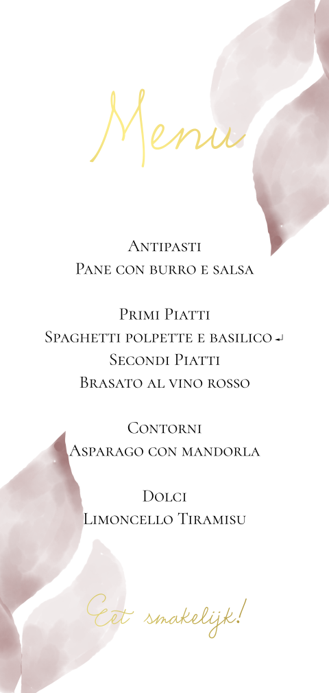 Menukaartje met roze blaadjes en Italiaans menu