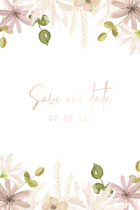 Save the date met rosegoudfolie en bloemen