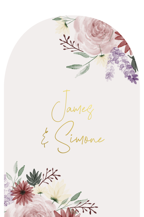 Vrolijke boogvorm trouwkaart met goudfolie en bloemen